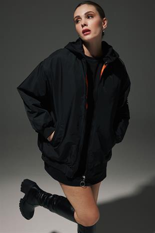 Parachute Fabric Hooded Back Embroidery Detail Ribbed Collar Oversized Womens Coat BLACK