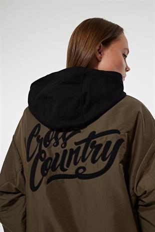 Parachute Fabric Detachable Hood Back Embroidery Detail Ribbed Collar Oversized Womens Coat KHAKI