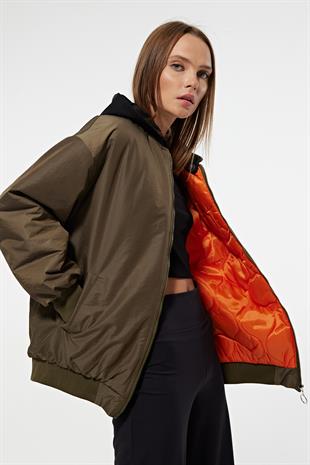 Parachute Fabric Detachable Hood Back Embroidery Detail Ribbed Collar Oversized Womens Coat KHAKI