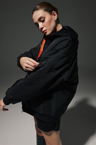 Parachute Fabric Hooded Back Embroidery Detail Ribbed Collar Oversized Womens Coat BLACK