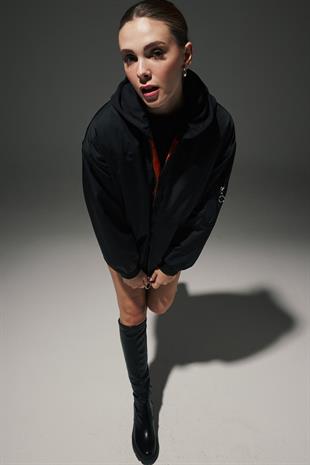 Parachute Fabric Hooded Back Embroidery Detail Ribbed Collar Oversized Womens Coat BLACK