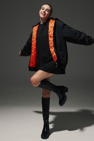 Parachute Fabric Hooded Back Embroidery Detail Ribbed Collar Oversized Womens Coat BLACK