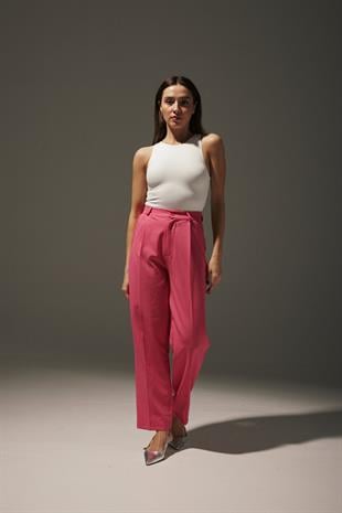 Pleated Wide Leg Womens Fabric Pants FUCHSIA