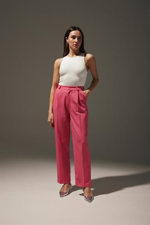 Pleated Wide Leg Womens Fabric Pants FUCHSIA