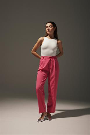 Pleated Wide Leg Womens Fabric Pants FUCHSIA