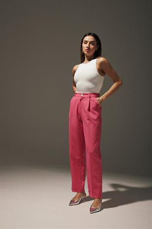 Pleated Wide Leg Womens Fabric Pants FUCHSIA