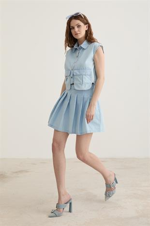 Pileli Kısa Kot Etek BUZ MAVİ