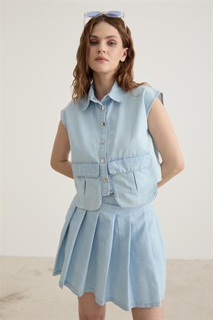 Pileli Kısa Kot Etek BUZ MAVİ