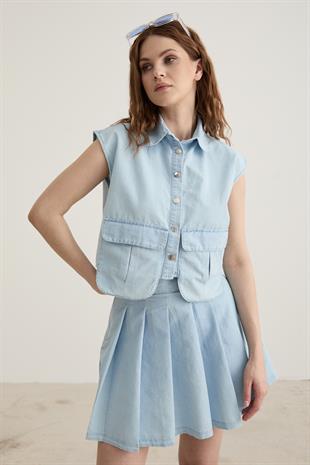 Pileli Kısa Kot Etek BUZ MAVİ