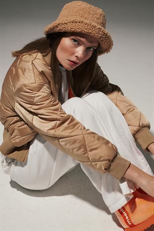 Polyester Fabric Ribbed Collar Baklava Pattern Short Bomber Jacket CAMEL