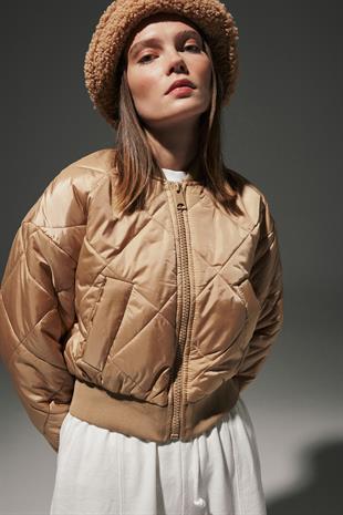 Polyester Fabric Ribbed Collar Baklava Pattern Short Bomber Jacket CAMEL