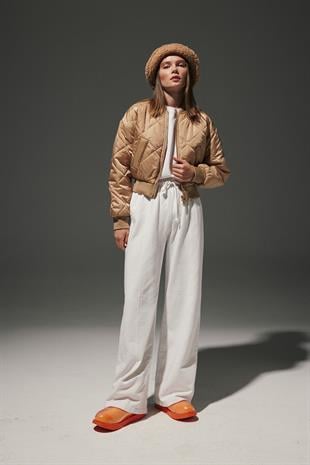 Polyester Fabric Ribbed Collar Baklava Pattern Short Bomber Jacket CAMEL