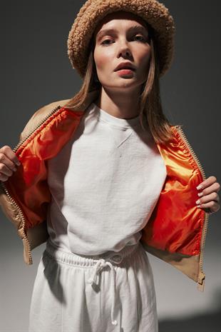 Polyester Fabric Ribbed Collar Baklava Pattern Short Bomber Jacket CAMEL