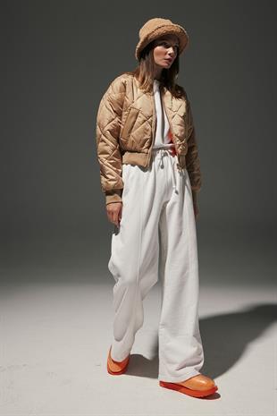 Polyester Fabric Ribbed Collar Baklava Pattern Short Bomber Jacket CAMEL