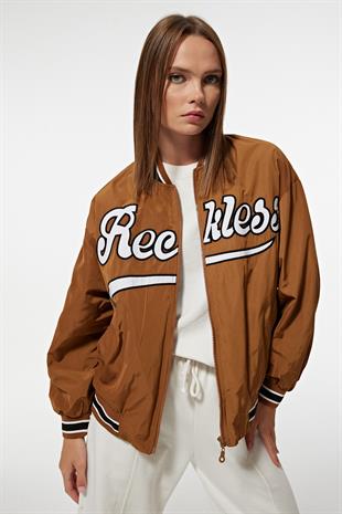 Polyester Kumaş Ribana Yaka Önü Nakışlı Kadın Bomber Ceket TABA