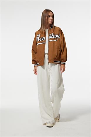 Polyester Kumaş Ribana Yaka Önü Nakışlı Kadın Bomber Ceket TABA