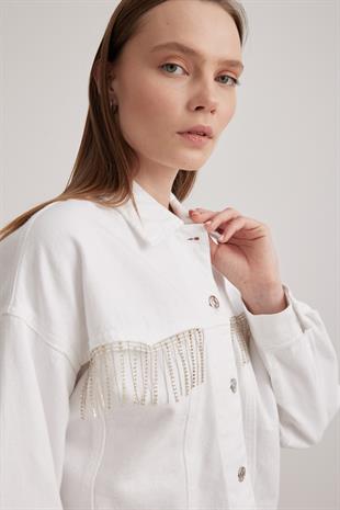 Püskül Detaylı Kadın Kot Ceket BEYAZ