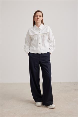 Püskül Detaylı Kadın Kot Ceket BEYAZ
