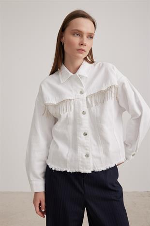 Püskül Detaylı Kadın Kot Ceket BEYAZ