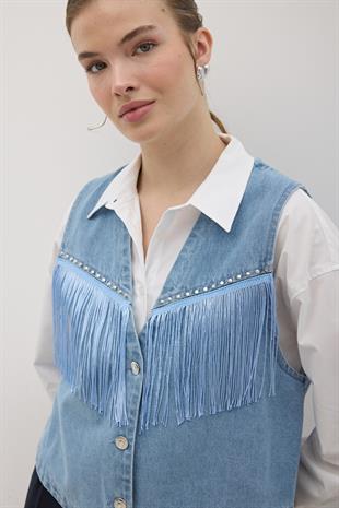 Püskül Detaylı Önü Düğmeli Kot Yelek TAŞ YIKAMA