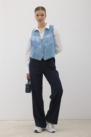 Püskül Detaylı Önü Düğmeli Kot Yelek TAŞ YIKAMA