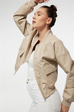 Ribana Yaka Cep Detay Çıtçıtlı Suni Deri Kadın Ceket TAŞ