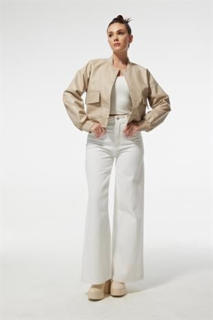 Ribana Yaka Cep Detay Çıtçıtlı Suni Deri Kadın Ceket TAŞ