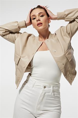 Ribana Yaka Cep Detay Çıtçıtlı Suni Deri Kadın Ceket TAŞ