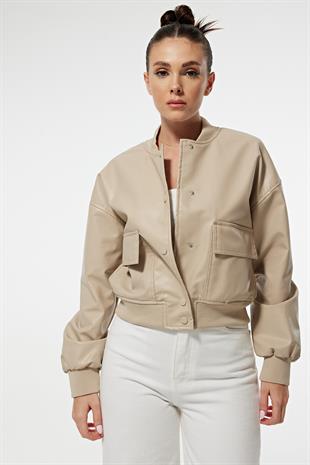 Ribana Yaka Cep Detay Çıtçıtlı Suni Deri Kadın Ceket TAŞ