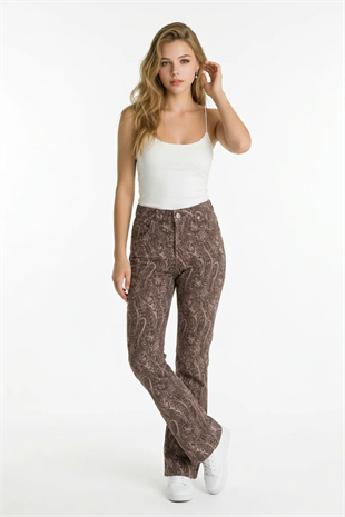 Şal Desenli İspanyol Paçalı Kot Pantolon KAHVE