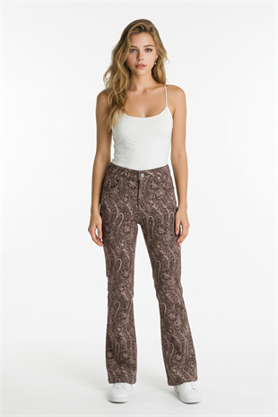 Şal Desenli İspanyol Paçalı Kot Pantolon KAHVE