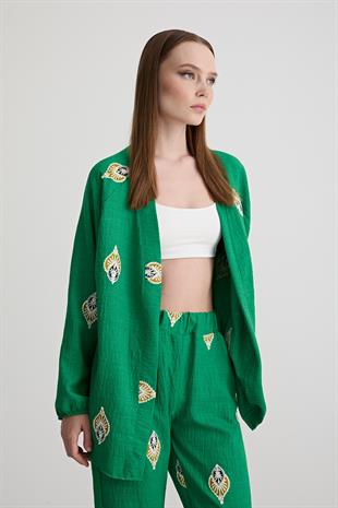 Şal Desenli Keten Pantolon BENETTON YEŞİLİ