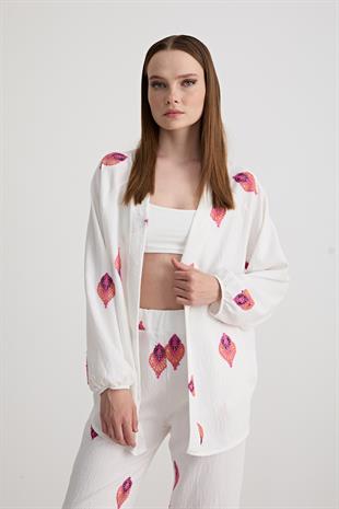 Şal Desenli Keten Pantolon EKRU