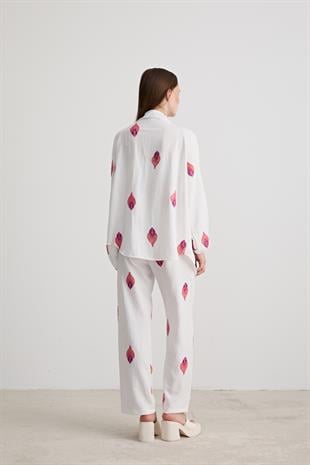 Şal Desenli Keten Pantolon EKRU