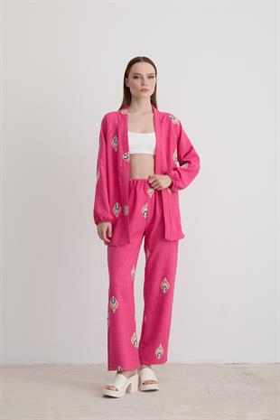 Şal Desenli Keten Pantolon FUŞYA