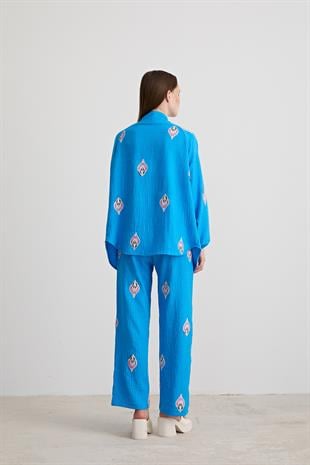 Şal Desenli Keten Pantolon MAVİ