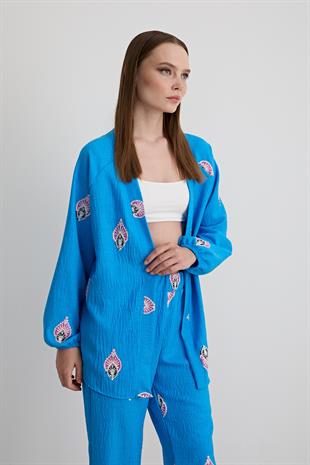 Şal Desenli Keten Pantolon MAVİ