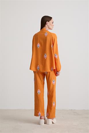 Şal Desenli Keten Pantolon ORANJ