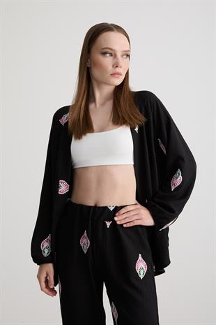 Şal Desenli Keten Pantolon SİYAH