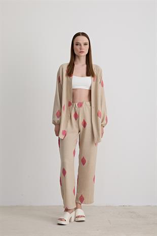 Şal Desenli Keten Pantolon TAŞ