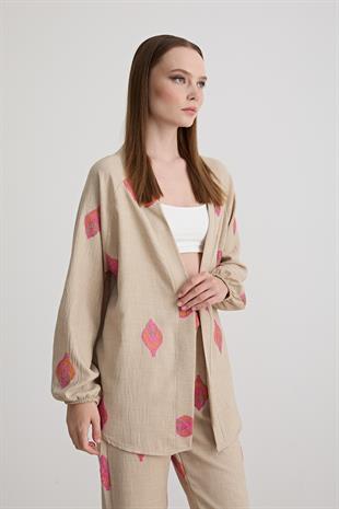 Şal Desenli Keten Pantolon TAŞ