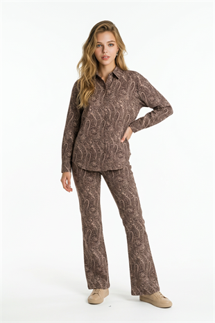 Şal Desenli Oversize Gömlek KAHVE