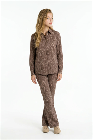 Şal Desenli Oversize Gömlek KAHVE