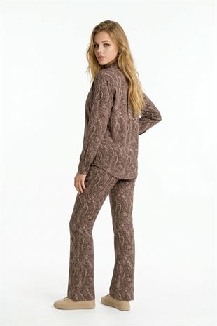 Şal Desenli Oversize Gömlek KAHVE