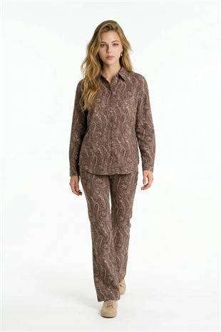 Şal Desenli Oversize Gömlek KAHVE