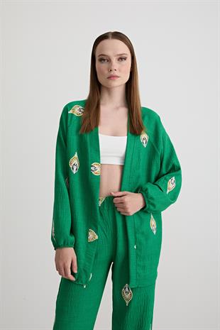 Şal Desenli Uzun Kollu Ceket BENETTON YEŞİLİ