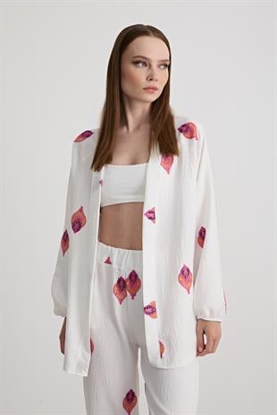 Şal Desenli Uzun Kollu Ceket EKRU