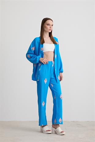 Şal Desenli Uzun Kollu Ceket MAVİ