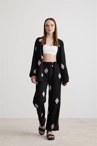 Şal Desenli Uzun Kollu Ceket SİYAH