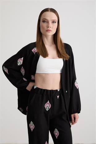 Şal Desenli Uzun Kollu Ceket SİYAH